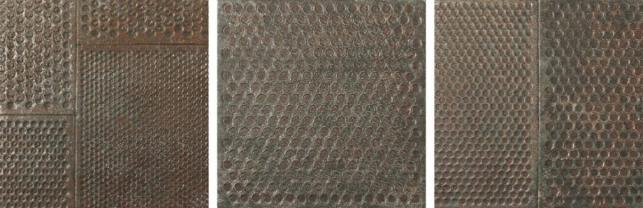 Perforeeritud metallpaneeli efektiga portselanplaat Dune Diurne Oxide Plate, 20x20 cm, 9 mm, roostepruun