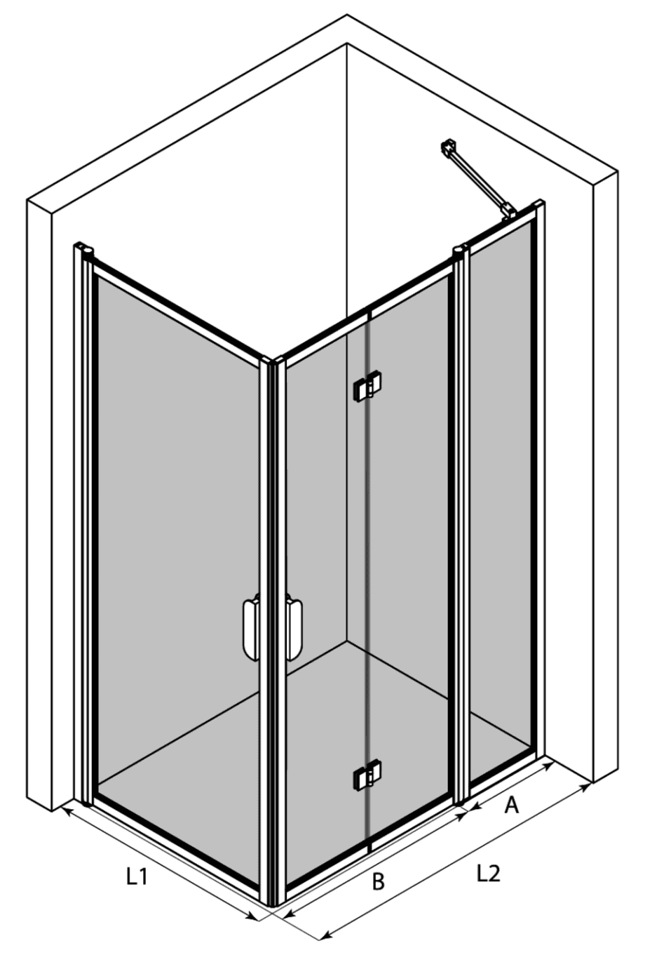 Shower enclosure Hietakari Bläk 896 New York – 3D drawing Shower enclosure Hietakari Bläk 896 New York, hinged door + folding door with fixed part – 3