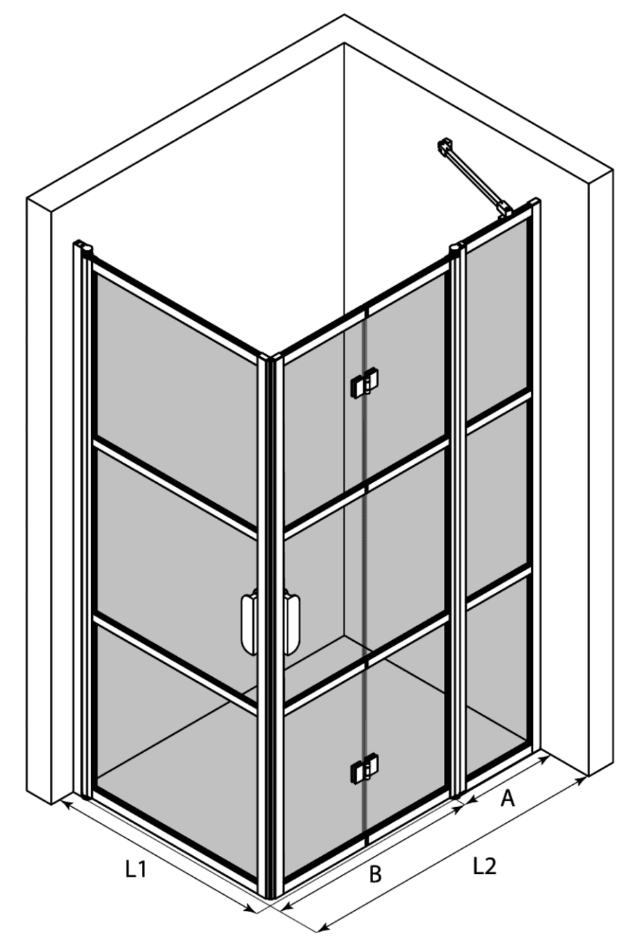 Shower enclosure Hietakari Bläk 897 Tokyo – 3D drawing Shower enclosure Hietakari Bläk 897 Tokyo, hinged door + folding door with fixed part – 3