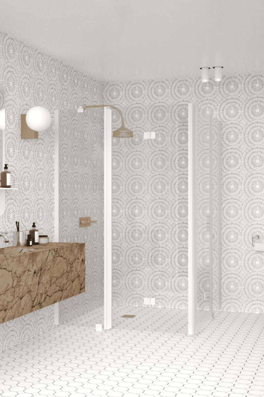 Shower enclosure Hietakari Infinia 264, white frame, clear glass Shower enclosure Hietakari Infinia 264, folding door with fixed part + folding door with fixed part
