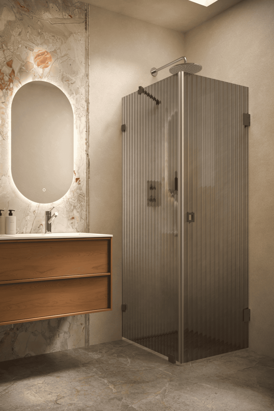 Shower enclosure Hietakari Vetro 540, Cocoa fittings, grey reeded glass