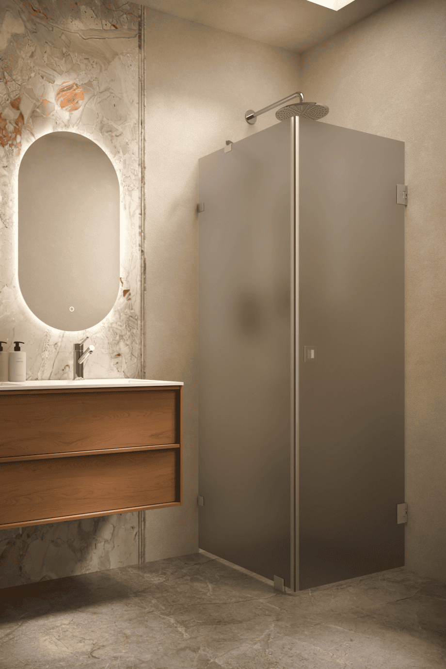 Shower enclosure Hietakari Vetro 540, brushed fittings, grey satin glass