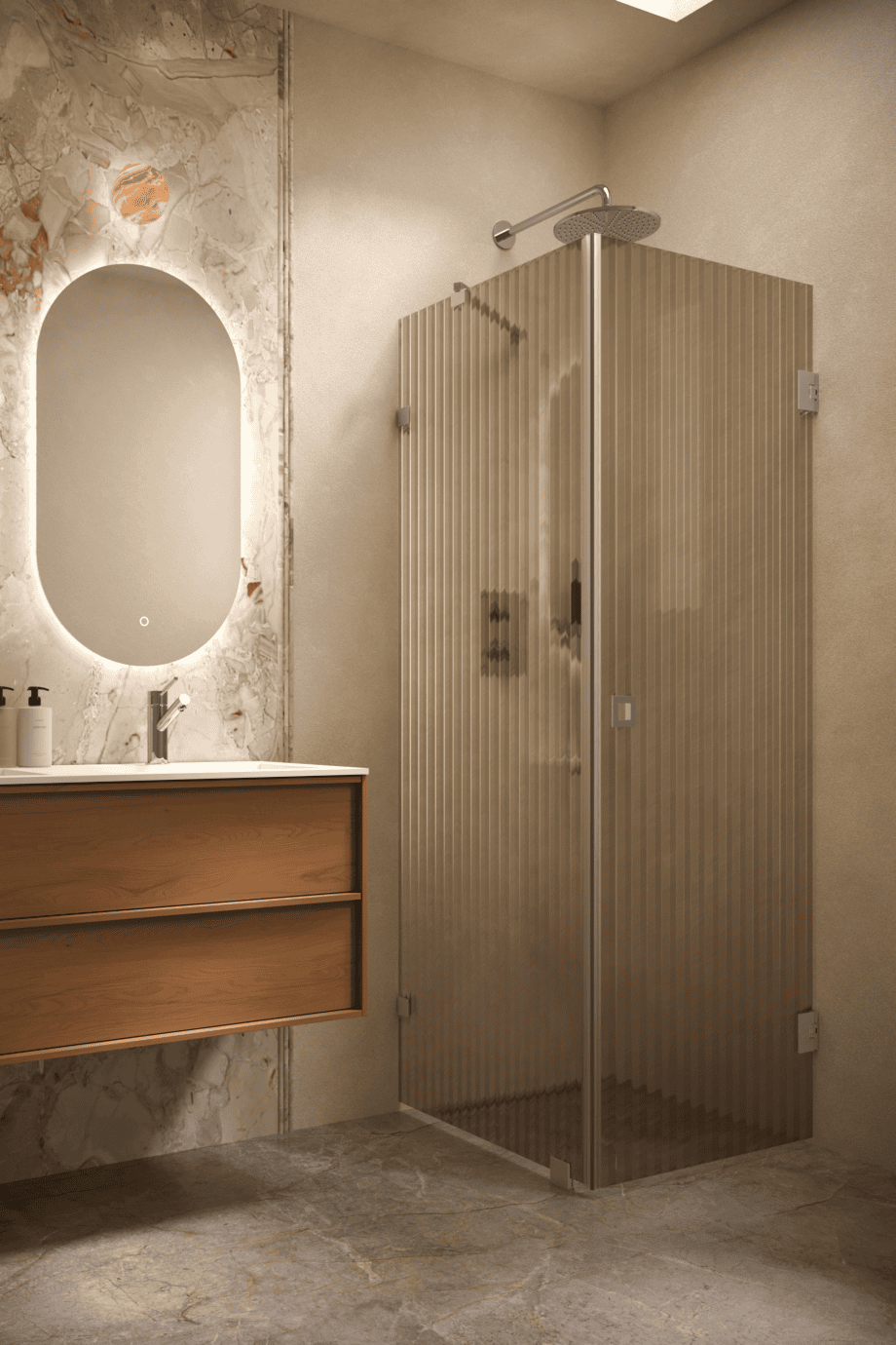 Shower enclosure Hietakari Vetro 540, brushed fittings, brown reeded glass