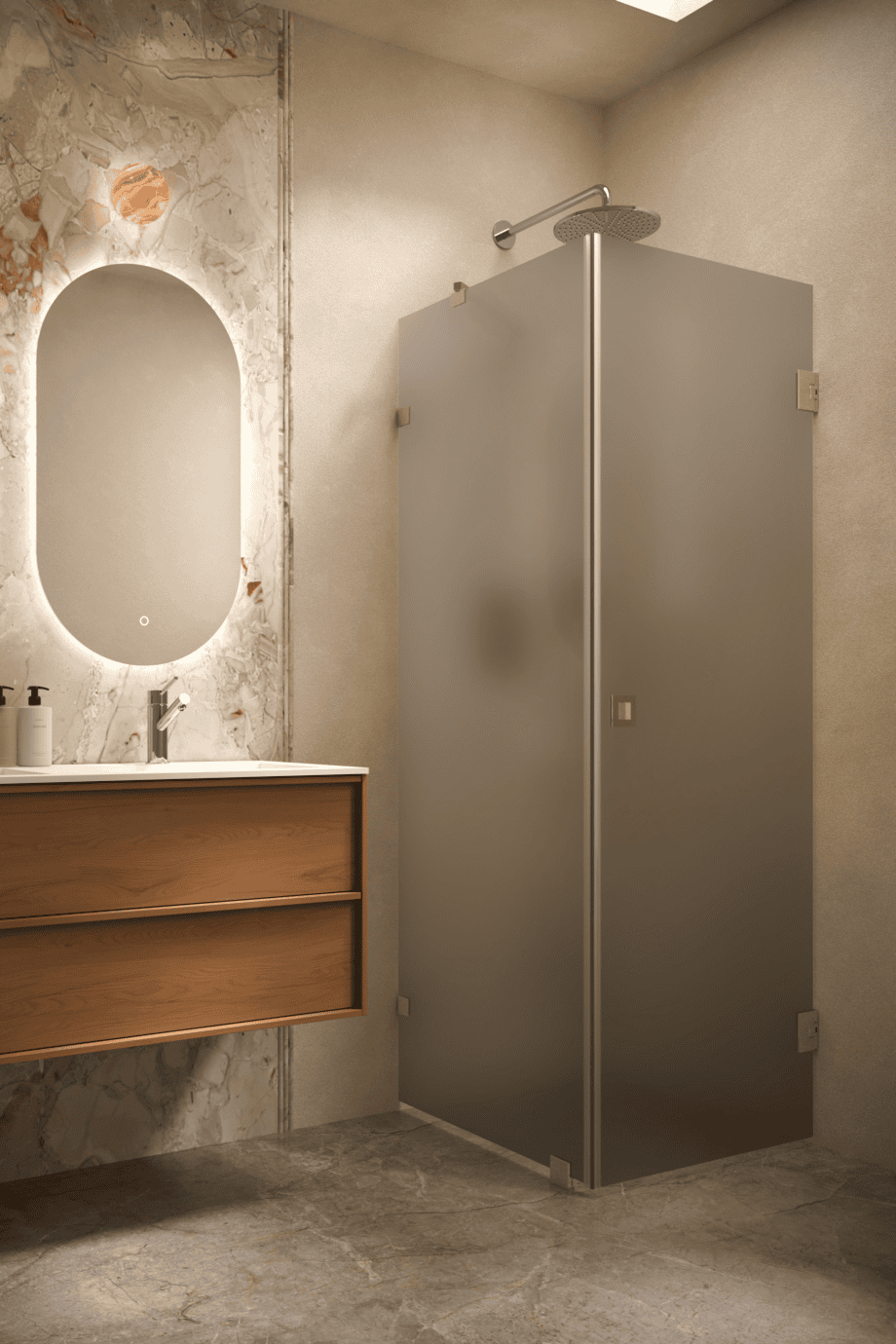 Shower enclosure Hietakari Vetro 540, brass fittings, grey satin glass