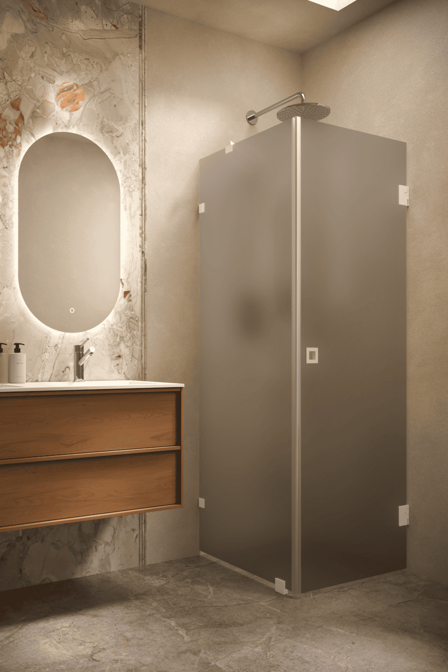 Shower enclosure Hietakari Vetro 540, white fittings, grey satin glass