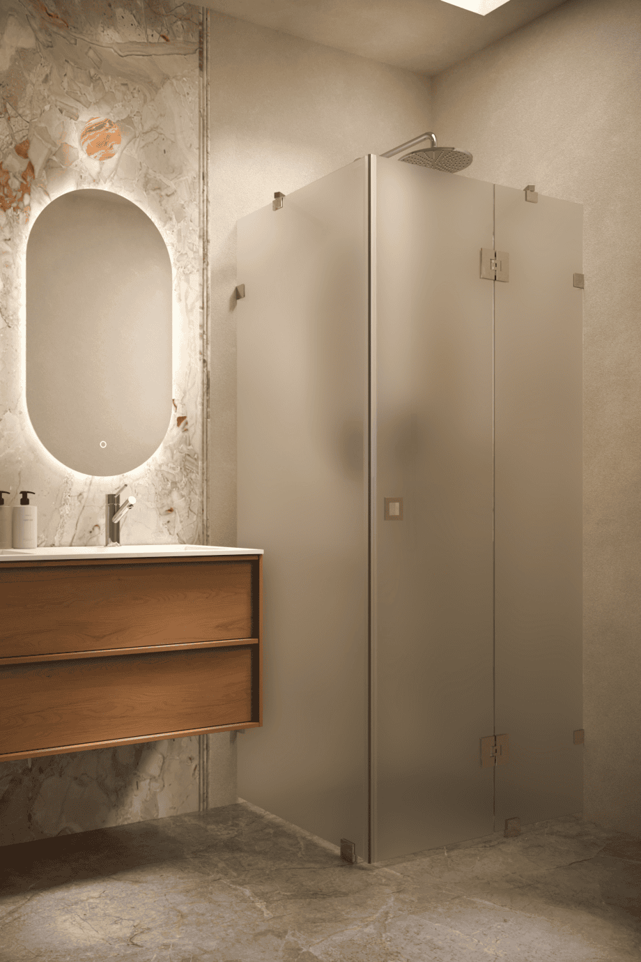 Shower enclosure Hietakari Vetro 542, brass fittings, satin frosted glass