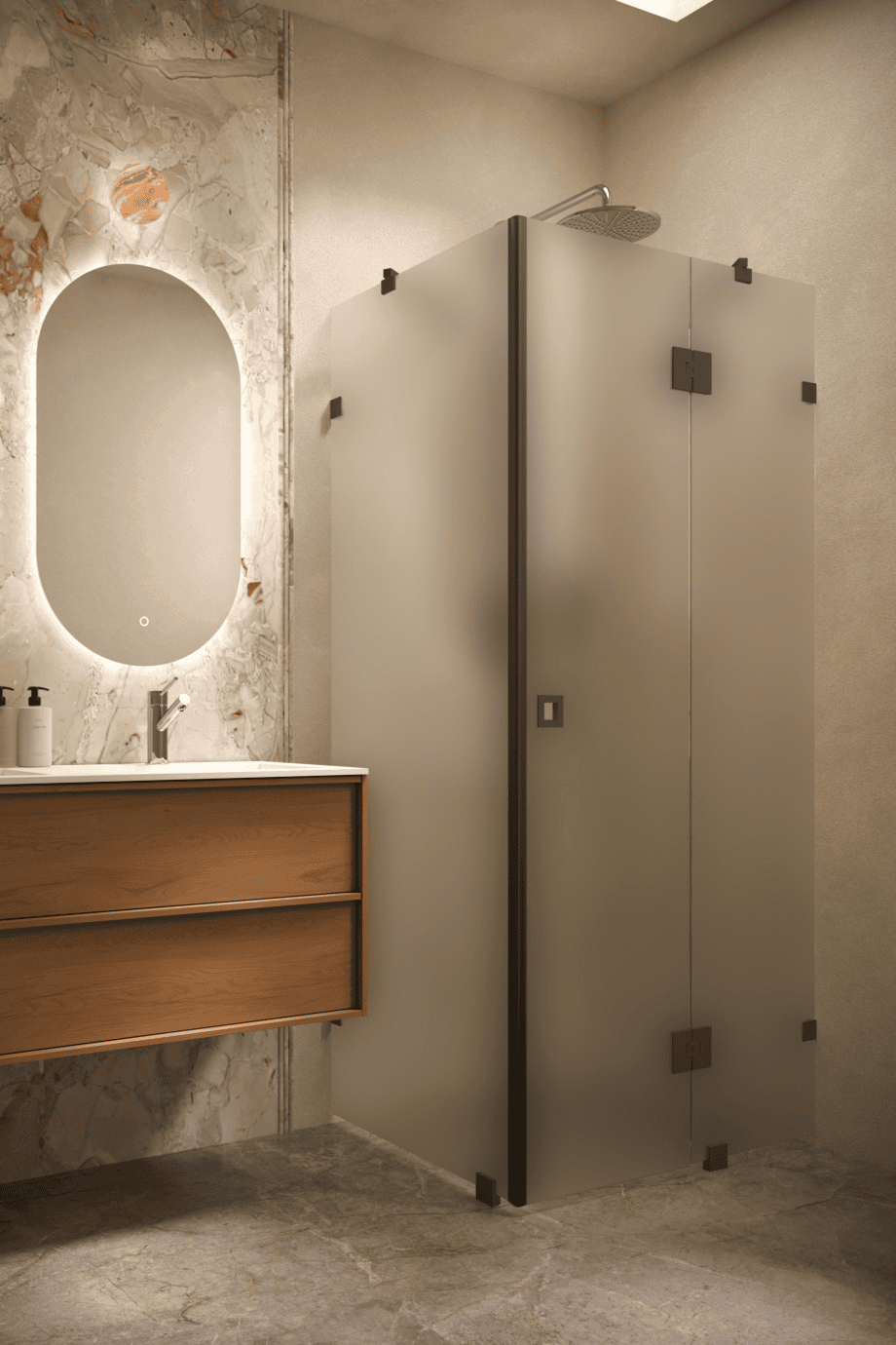Shower enclosure Hietakari Vetro 542, black fittings, satin frosted glass