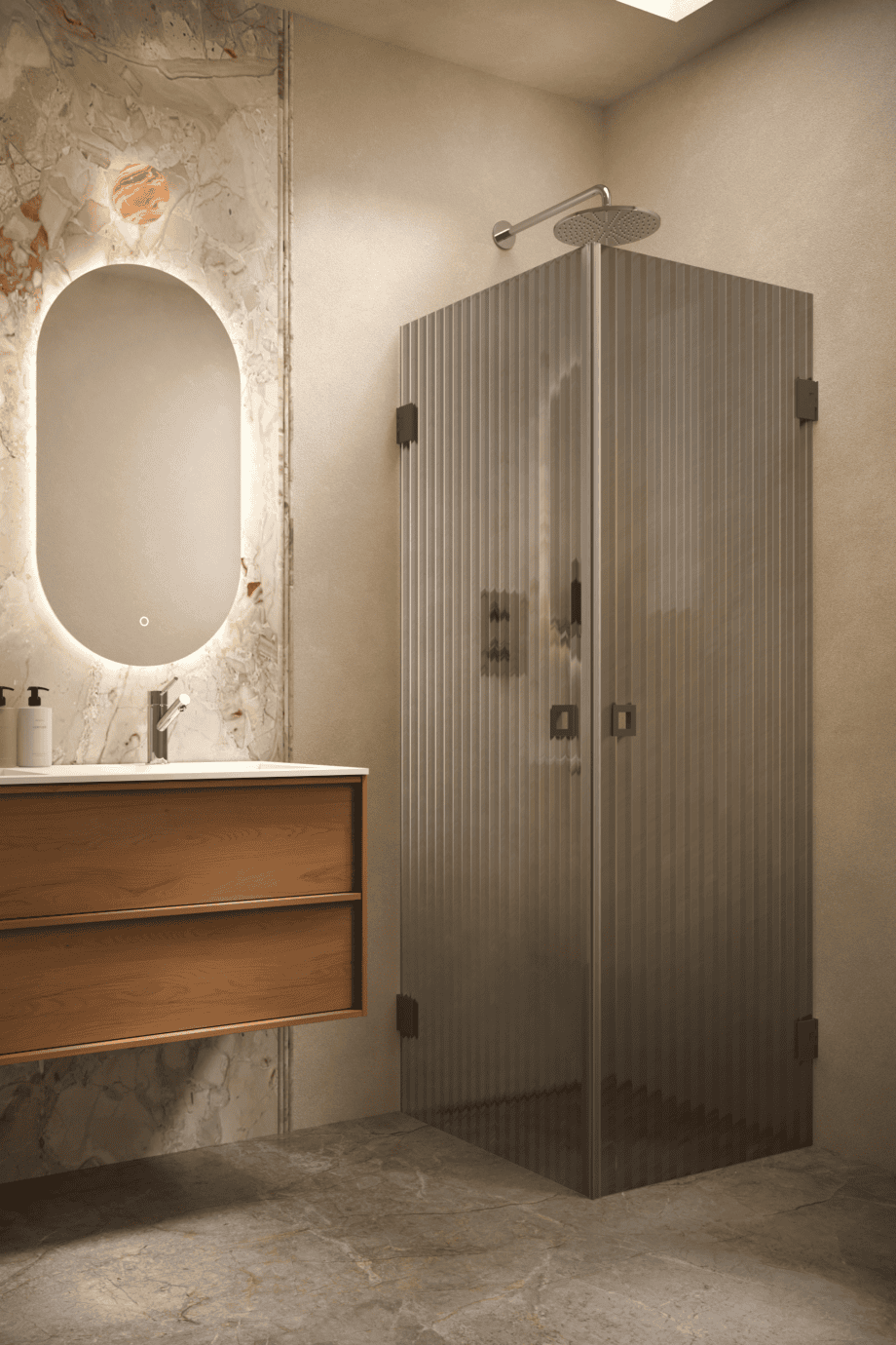 Shower enclosure Hietakari Vetro 543, Cocoa fittings, grey reeded glass
