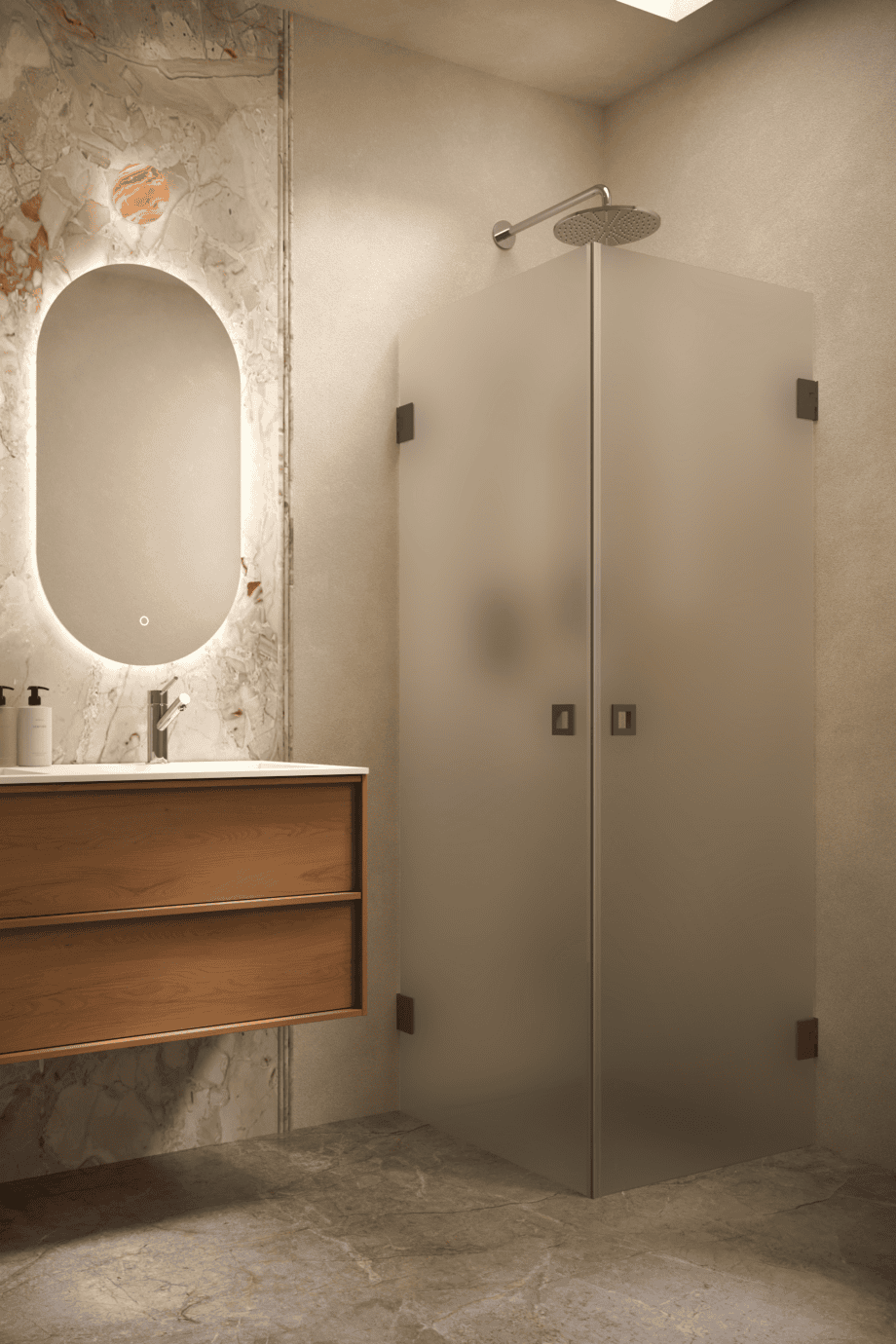 Shower enclosure Hietakari Vetro 543, Cocoa fittings, satin frosted glass