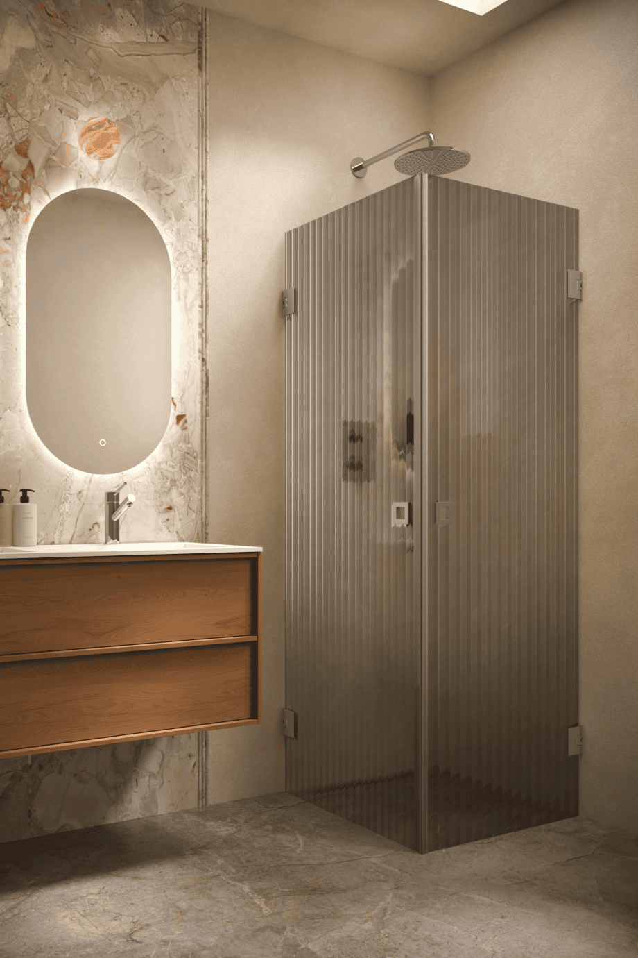 Shower enclosure Hietakari Vetro 543, brushed fittings, grey reeded glass