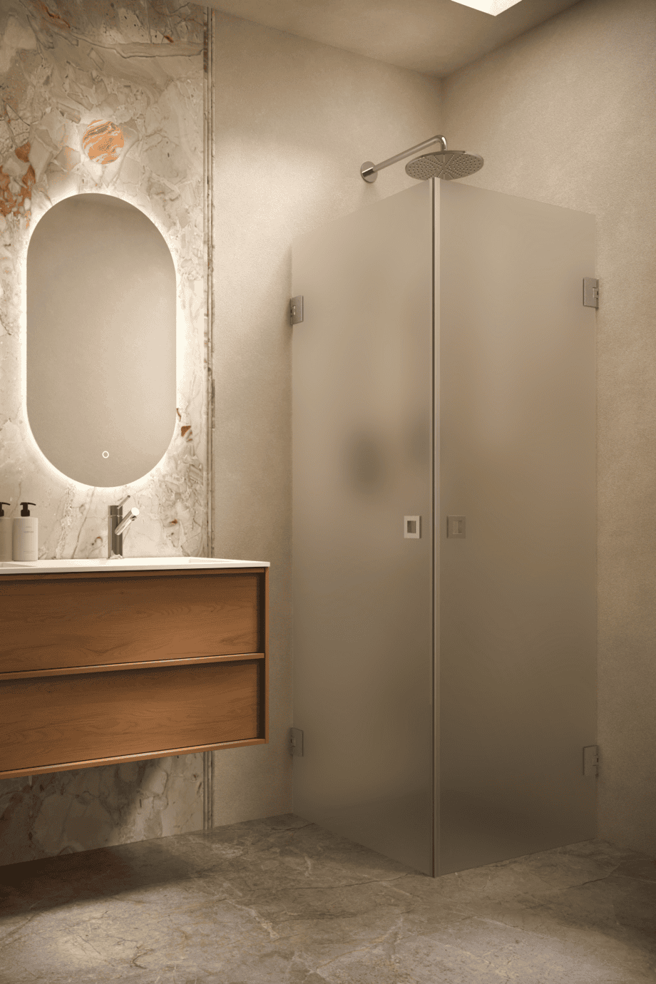 Shower enclosure Hietakari Vetro 543, brushed fittings, satin frosted glass