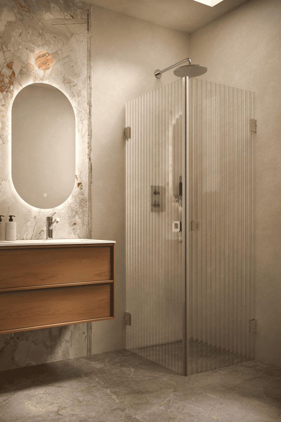Shower enclosure Hietakari Vetro 543, brass fittings, reeded glass