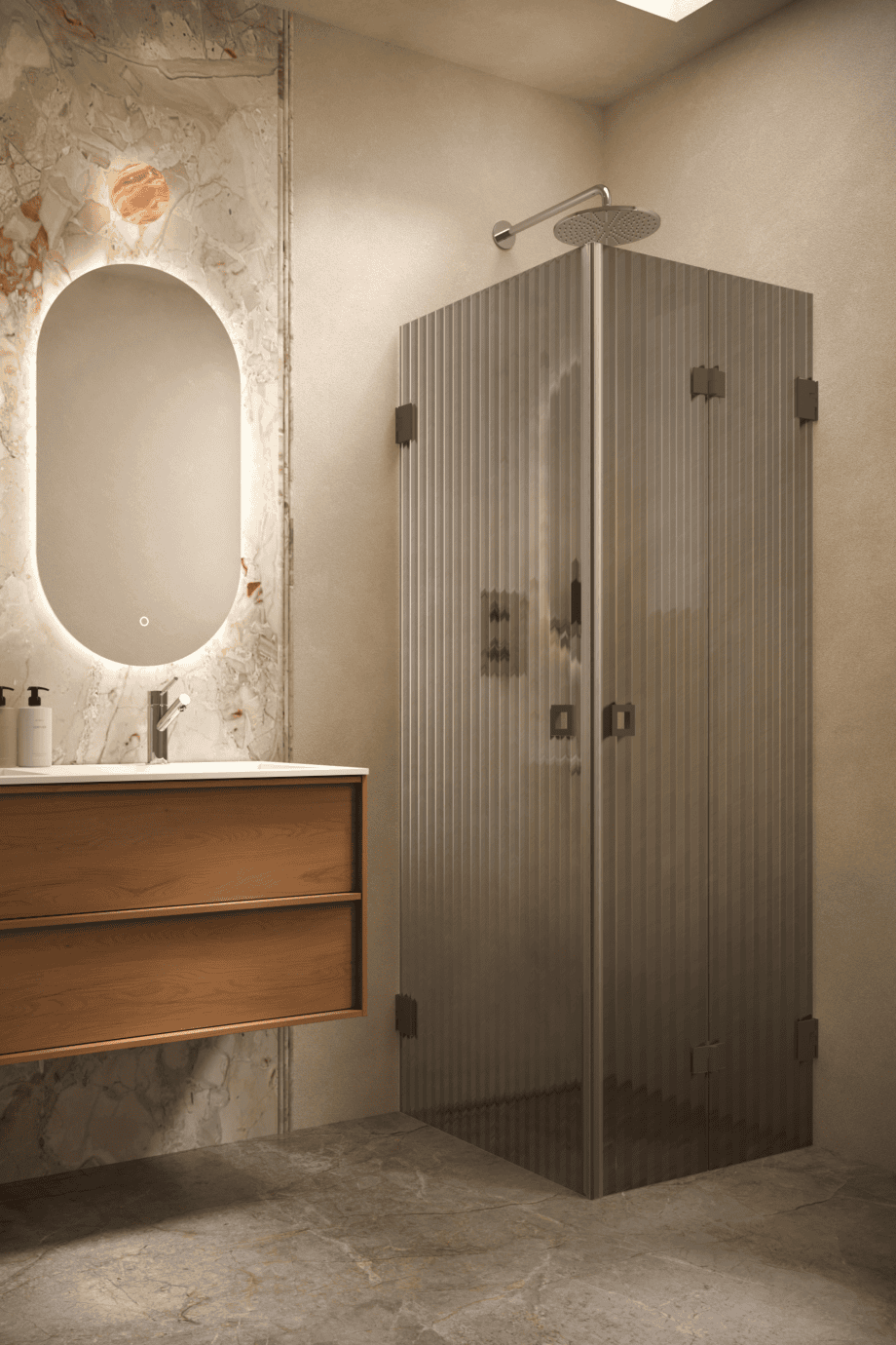 Shower enclosure Hietakari Vetro 544, Cocoa fittings, grey reeded glass Shower enclosure Hietakari Vetro 544, Cocoa fittings, grey reeded glass