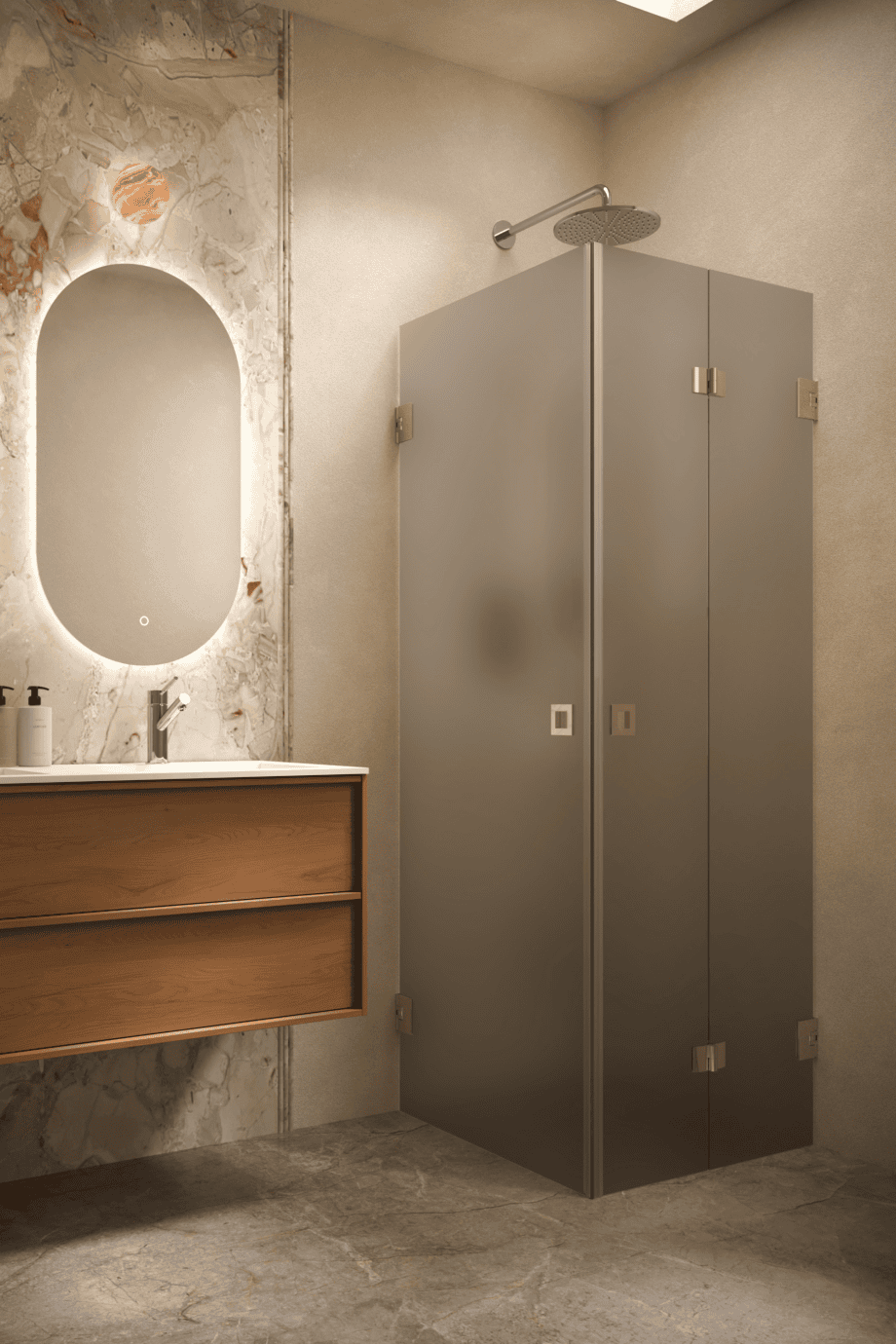 Shower enclosure Hietakari Vetro 544, brass fittings, grey satin glass Shower enclosure Hietakari Vetro 544, brass fittings, grey satin glass