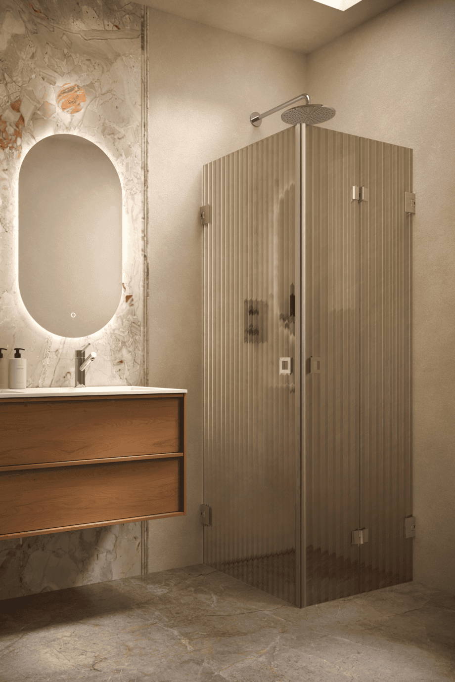 Shower enclosure Hietakari Vetro 544, brass fittings, brown reeded glass Shower enclosure Hietakari Vetro 544, brass fittings, brown reeded glass