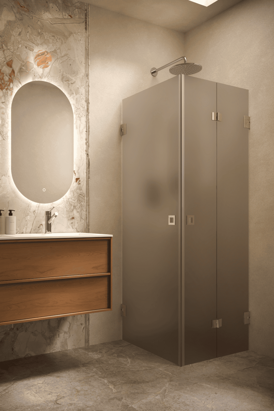 Shower enclosure Hietakari Vetro 544, brass fittings, brown satin glass Shower enclosure Hietakari Vetro 544, brass fittings, brown satin glass