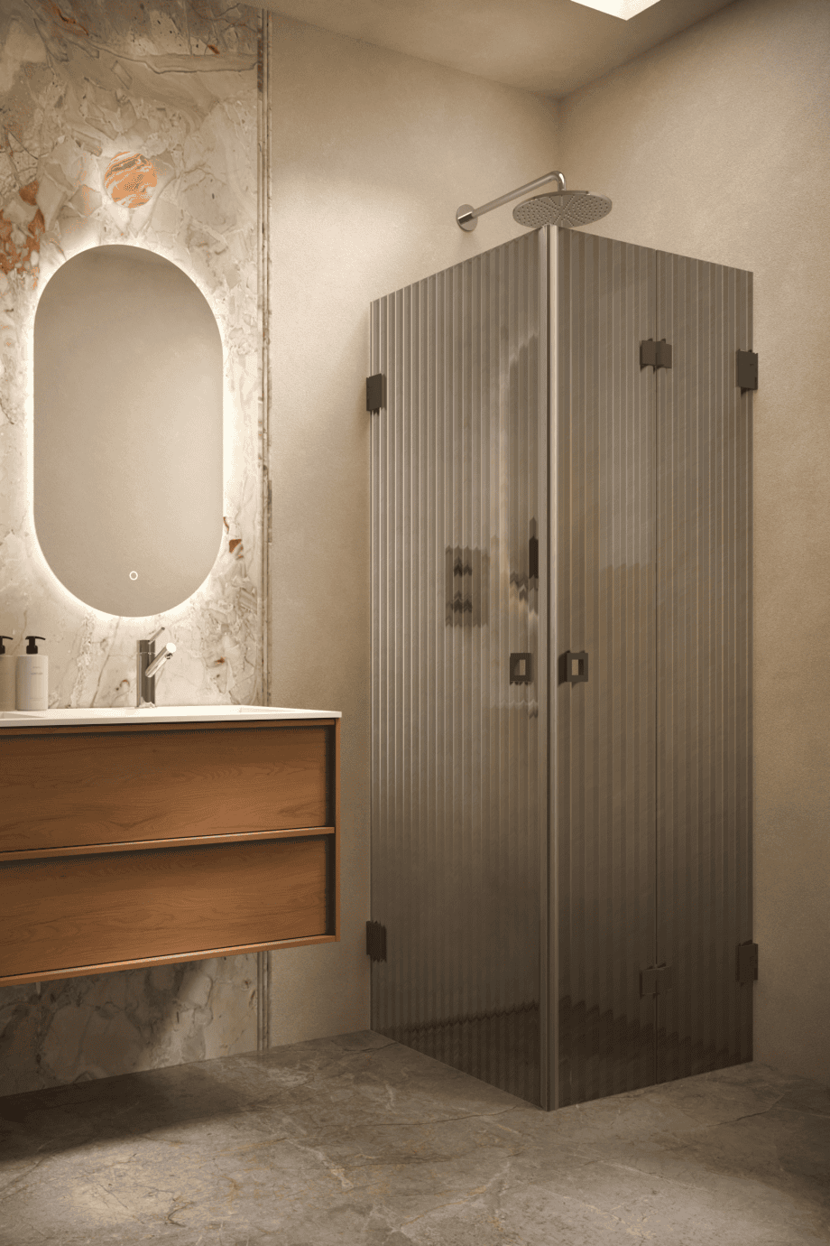 Shower enclosure Hietakari Vetro 544, black fittings, grey reeded glass Shower enclosure Hietakari Vetro 544, black fittings, grey reeded glass