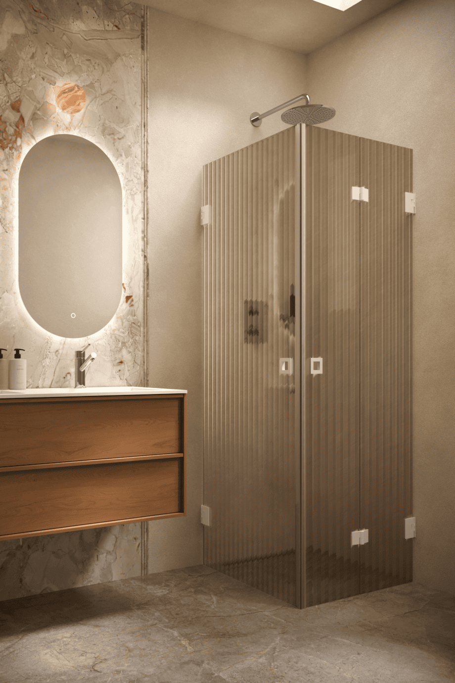 Shower enclosure Hietakari Vetro 544, white fittings, brown reeded glass Shower enclosure Hietakari Vetro 544, white fittings, brown reeded glass