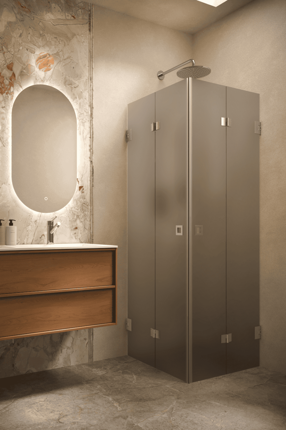 Shower enclosure Hietakari Vetro 546, brushed fittings, grey satin glass Shower enclosure Hietakari Vetro 546, brushed fittings, grey satin glass