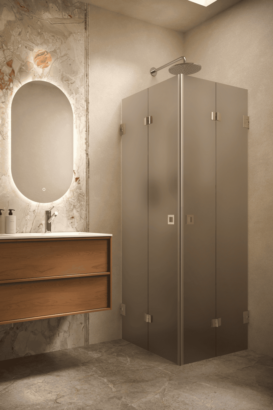 Shower enclosure Hietakari Vetro 546, brass fittings, brown satin glass Shower enclosure Hietakari Vetro 546, brass fittings, brown satin glass