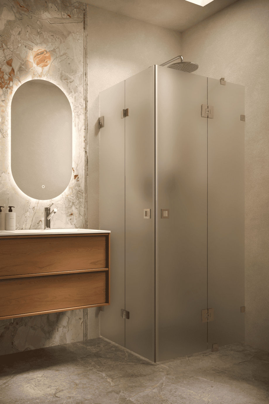 Shower enclosure Hietakari Vetro 547, brass fittings, satin frosted glass