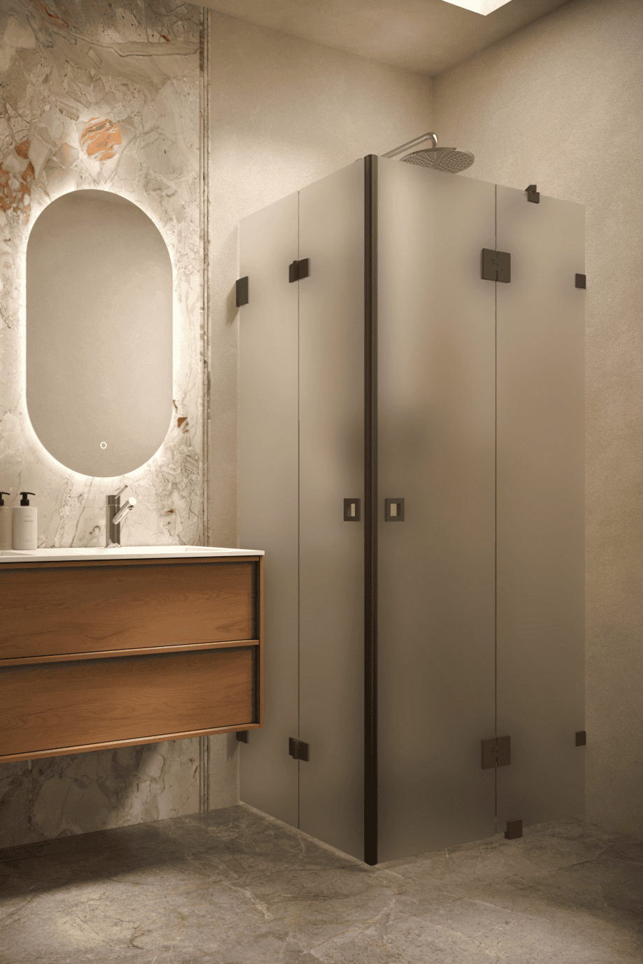 Shower enclosure Hietakari Vetro 547, black fittings, satin frosted glass