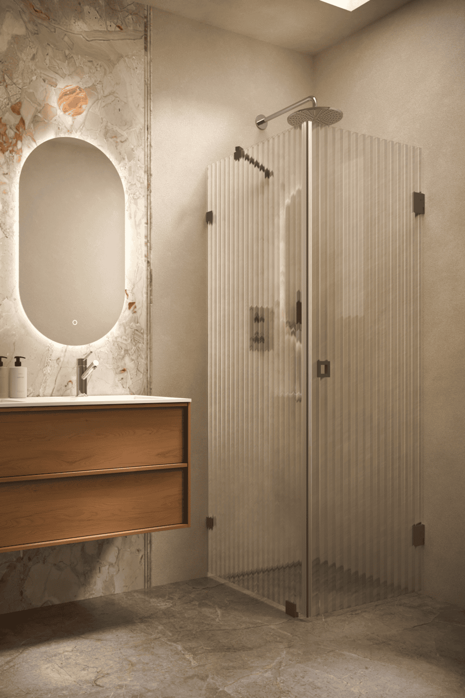 Shower enclosure Hietakari Vetro 548, Cocoa fittings, reeded glass