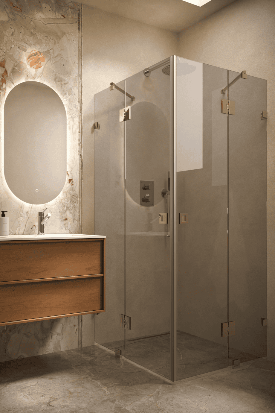 Shower enclosure Hietakari Vetro 548, brass fittings, grey tinted glass