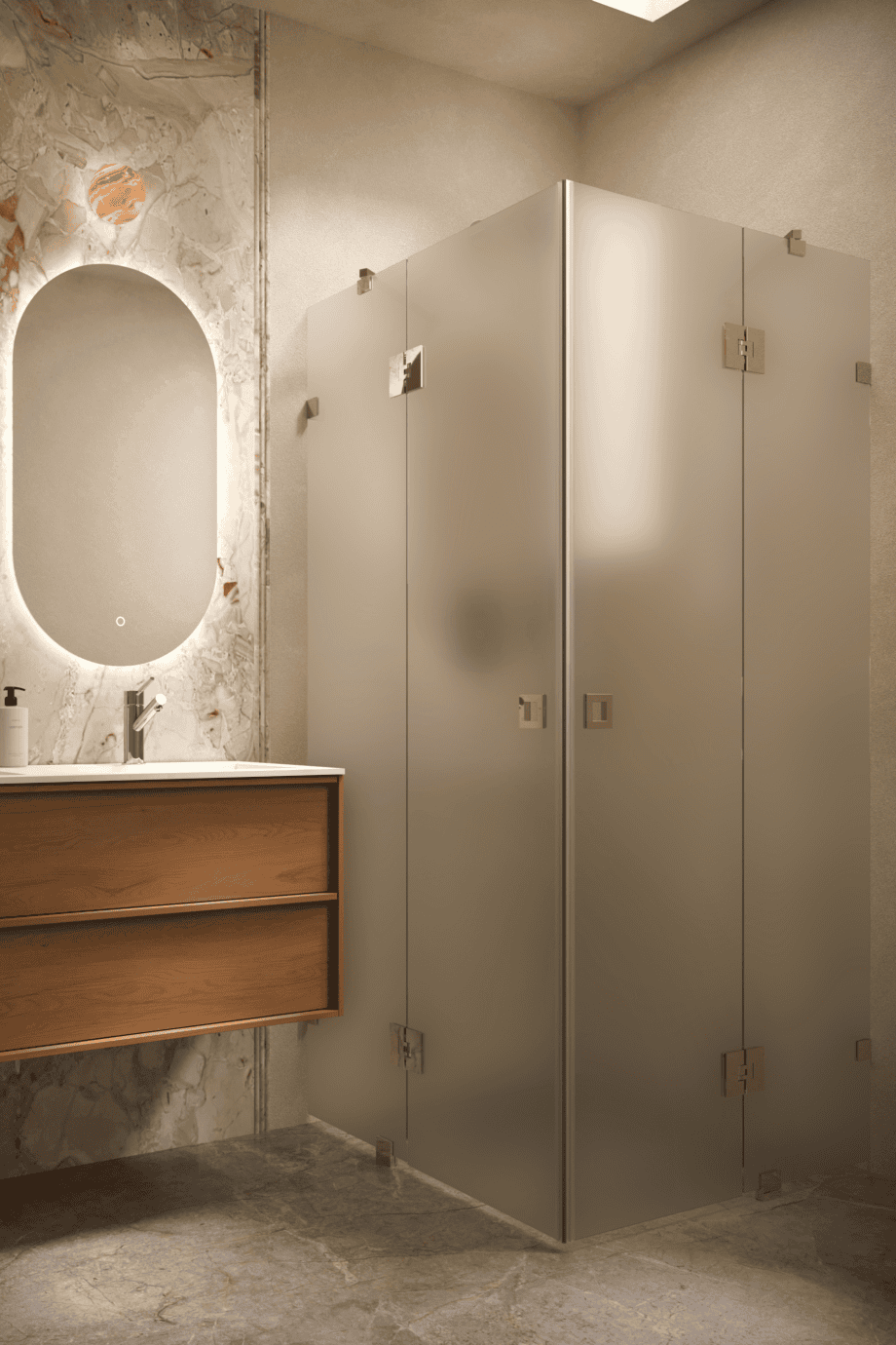 Shower enclosure Hietakari Vetro 548, brass fittings, satin frosted glass