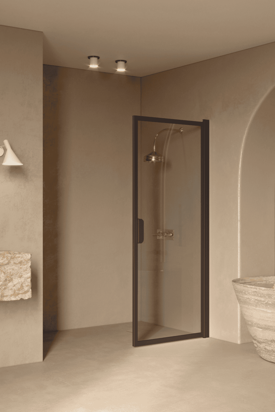 Hinged shower door Hietakari Bläk 732 New York, Cocoa frame, grey tinted glass Hinged shower door Hietakari Bläk 732 New York, Cocoa frame, grey tinted glass