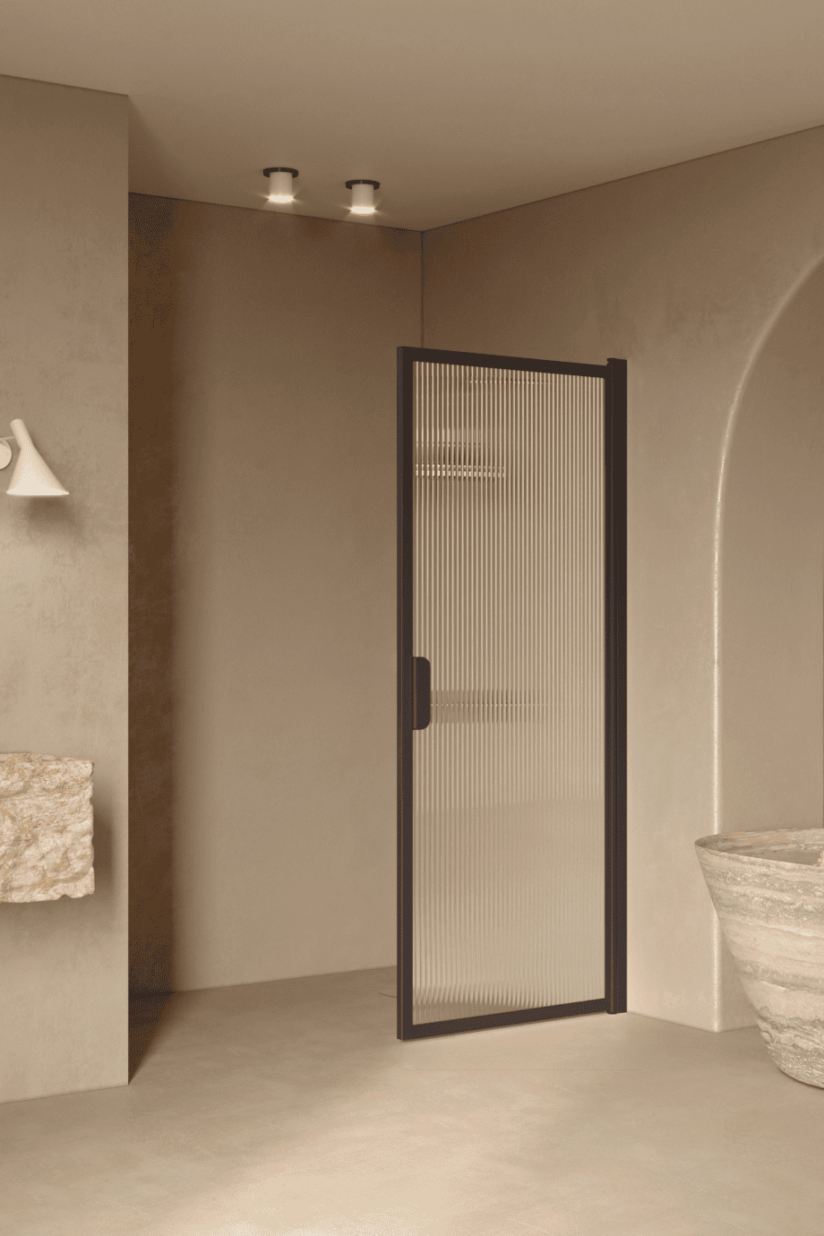 Hinged shower door Hietakari Bläk 732 New York, Cocoa frame, reeded glass Hinged shower door Hietakari Bläk 732 New York, Cocoa frame, reeded glass