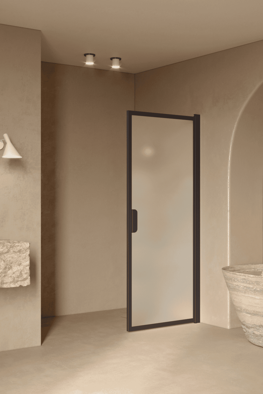 Hinged shower door Hietakari Bläk 732 New York, Cocoa frame, satin frosted glass Hinged shower door Hietakari Bläk 732 New York, Cocoa frame, satin frosted glass
