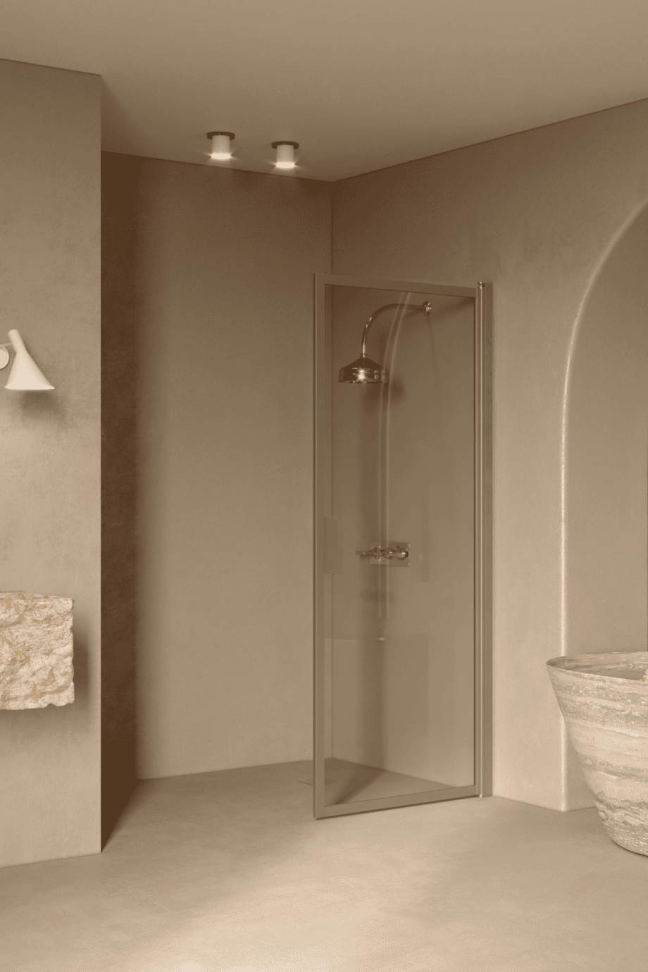 Hinged shower door Hietakari Bläk 732 New York, Sand frame, grey tinted glass Hinged shower door Hietakari Bläk 732 New York, Sand frame, grey tinted glass