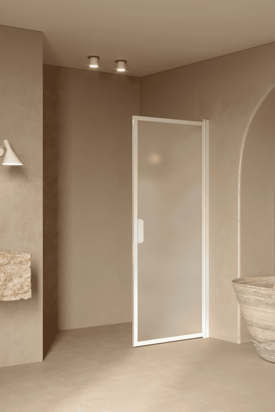 Hinged shower door Hietakari Bläk 732 New York, white frame, satin frosted glass Hinged shower door Hietakari Bläk 732 New York, white frame, satin frosted glass