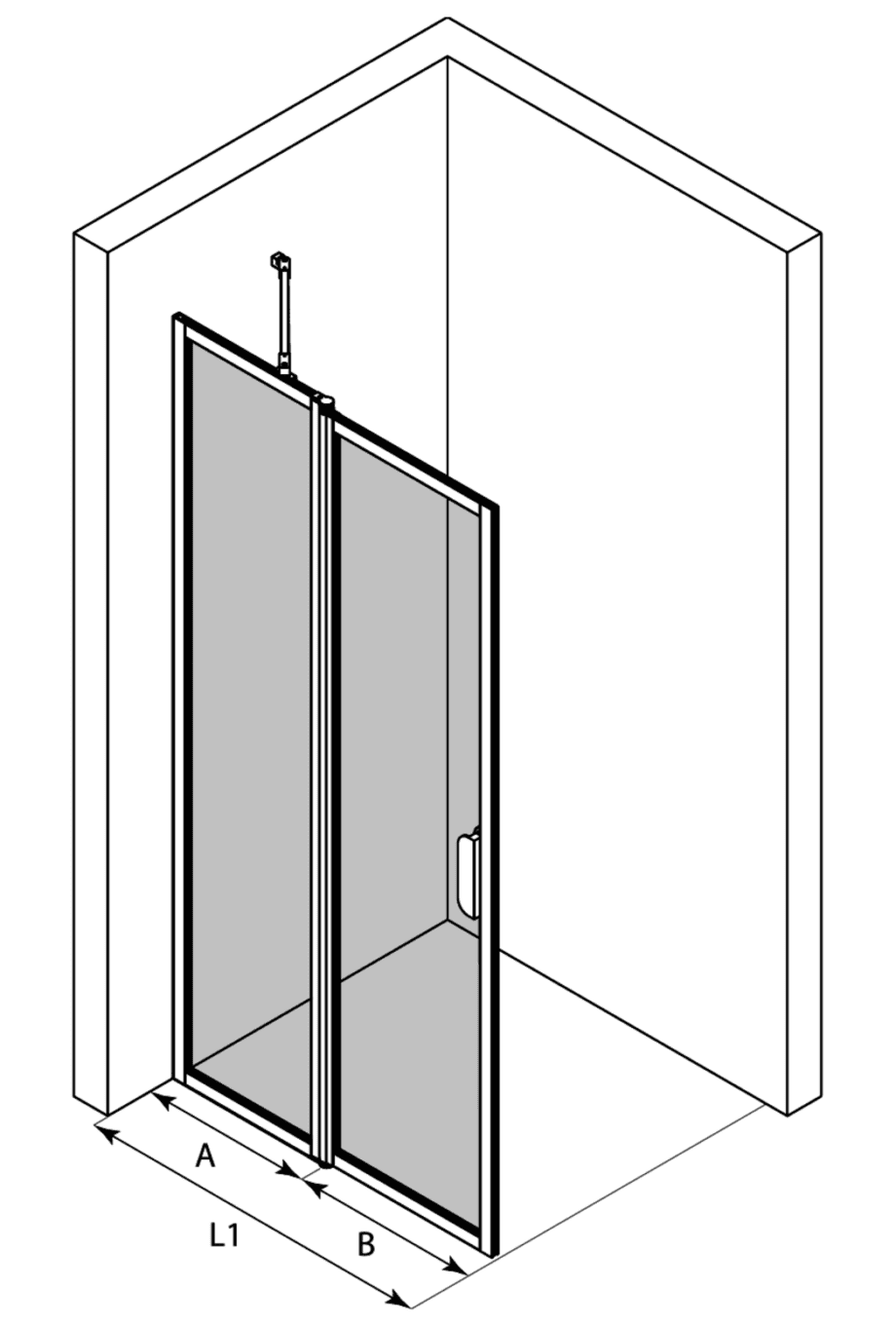 Hinged shower screen with fixed part Hietakari Bläk 733 New York – 3D drawing Hinged shower screen with fixed part Hietakari Bläk 733 New York – 3