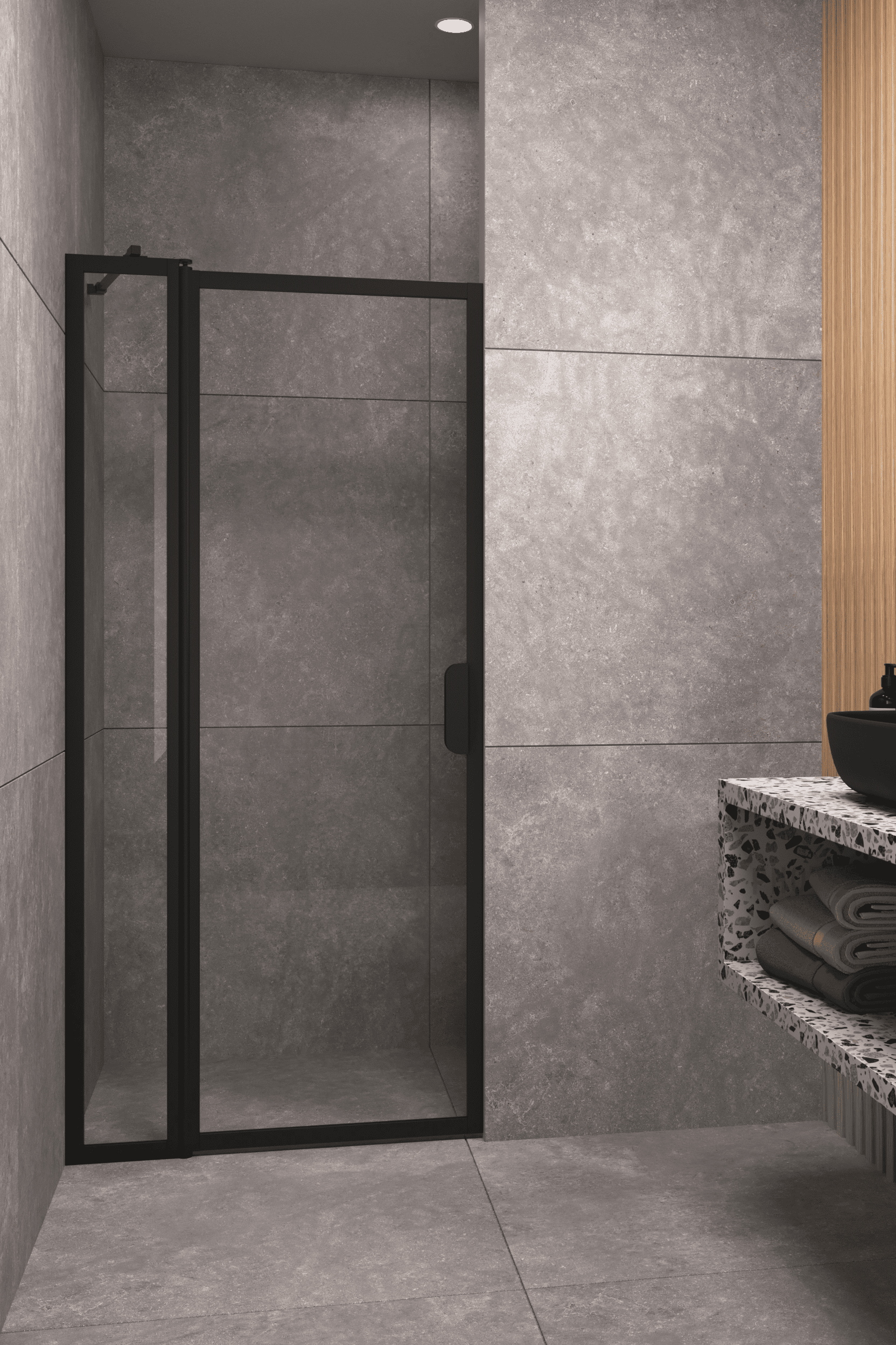 Hinged shower screen with fixed part Hietakari Bläk 733 New York, Mocha frame, clear glass Hinged shower screen with fixed part Hietakari Bläk 733 New York, Mocha frame, clear glass