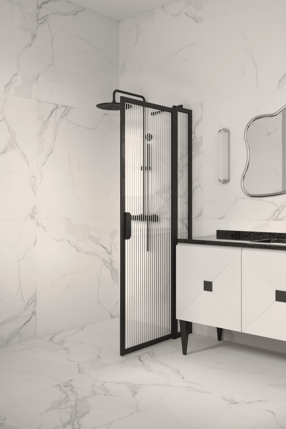Hinged shower screen with fixed part Hietakari Bläk 733 New York, Mocha frame, reeded glass Hinged shower screen with fixed part Hietakari Bläk 733 New York, Mocha frame, reeded glass