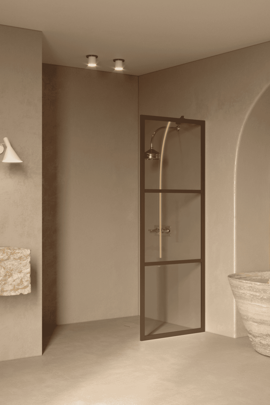 Fixed shower screen Hietakari Bläk 734 Tokyo, Mocha frame, grey tinted glass Fixed shower screen Hietakari Bläk 734 Tokyo, Mocha frame, grey tinted glass