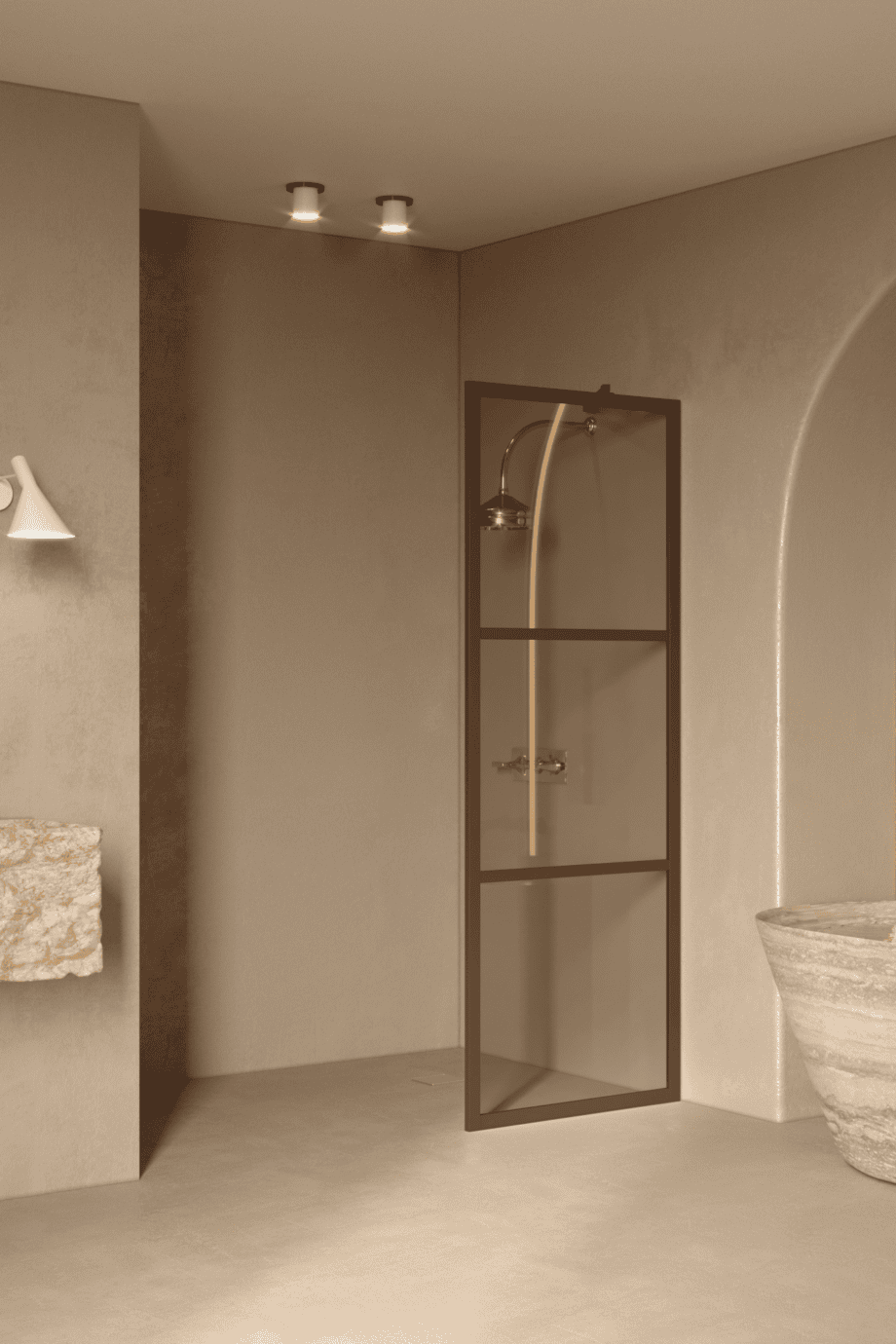 Fixed shower screen Hietakari Bläk 734 Tokyo, Mocha frame, bronze tinted glass Fixed shower screen Hietakari Bläk 734 Tokyo, Mocha frame, bronze tinted glass