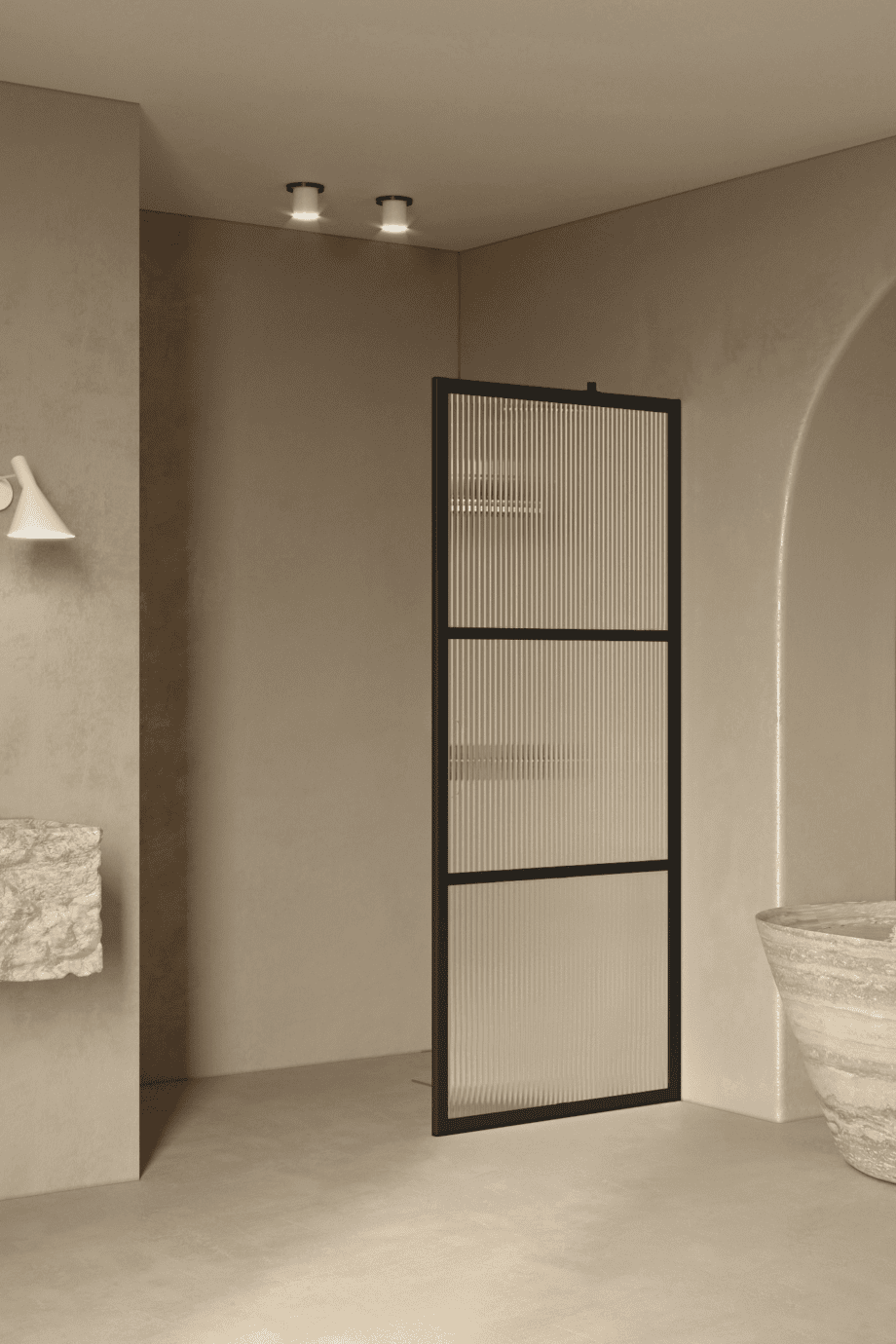 Fixed shower screen Hietakari Bläk 734 Tokyo, black frame, reeded glass Fixed shower screen Hietakari Bläk 734 Tokyo, black frame, reeded glass