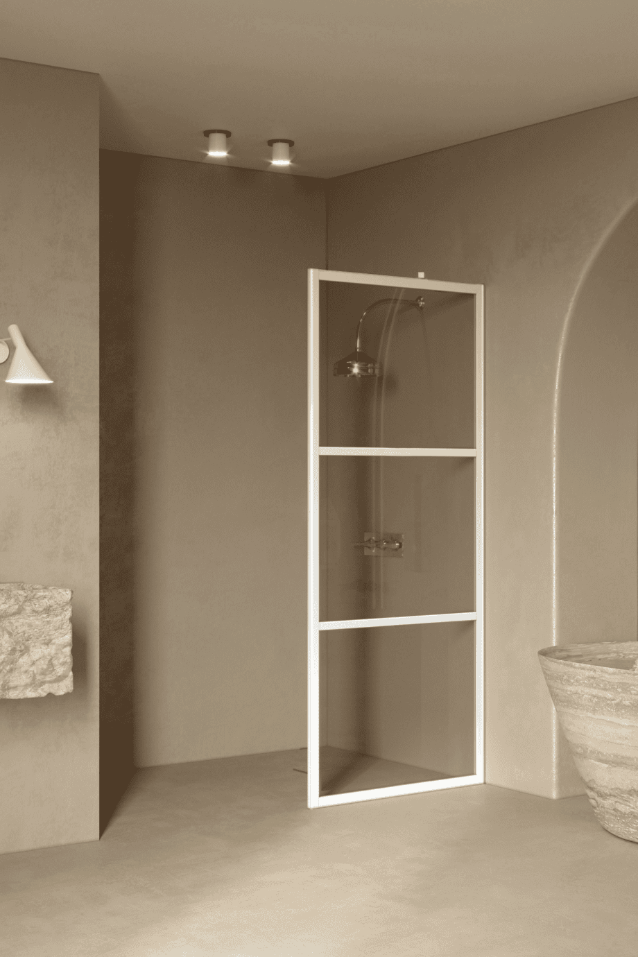 Fixed shower screen Hietakari Bläk 734 Tokyo, white frame, bronze tinted glass Fixed shower screen Hietakari Bläk 734 Tokyo, white frame, bronze tinted glass