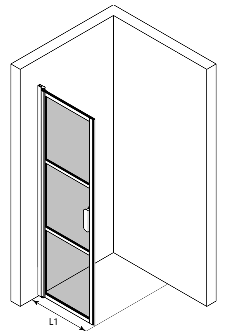Hinged shower door Hietakari Bläk 735 Tokyo – 3D drawing Hinged shower door Hietakari Bläk 735 Tokyo – 3