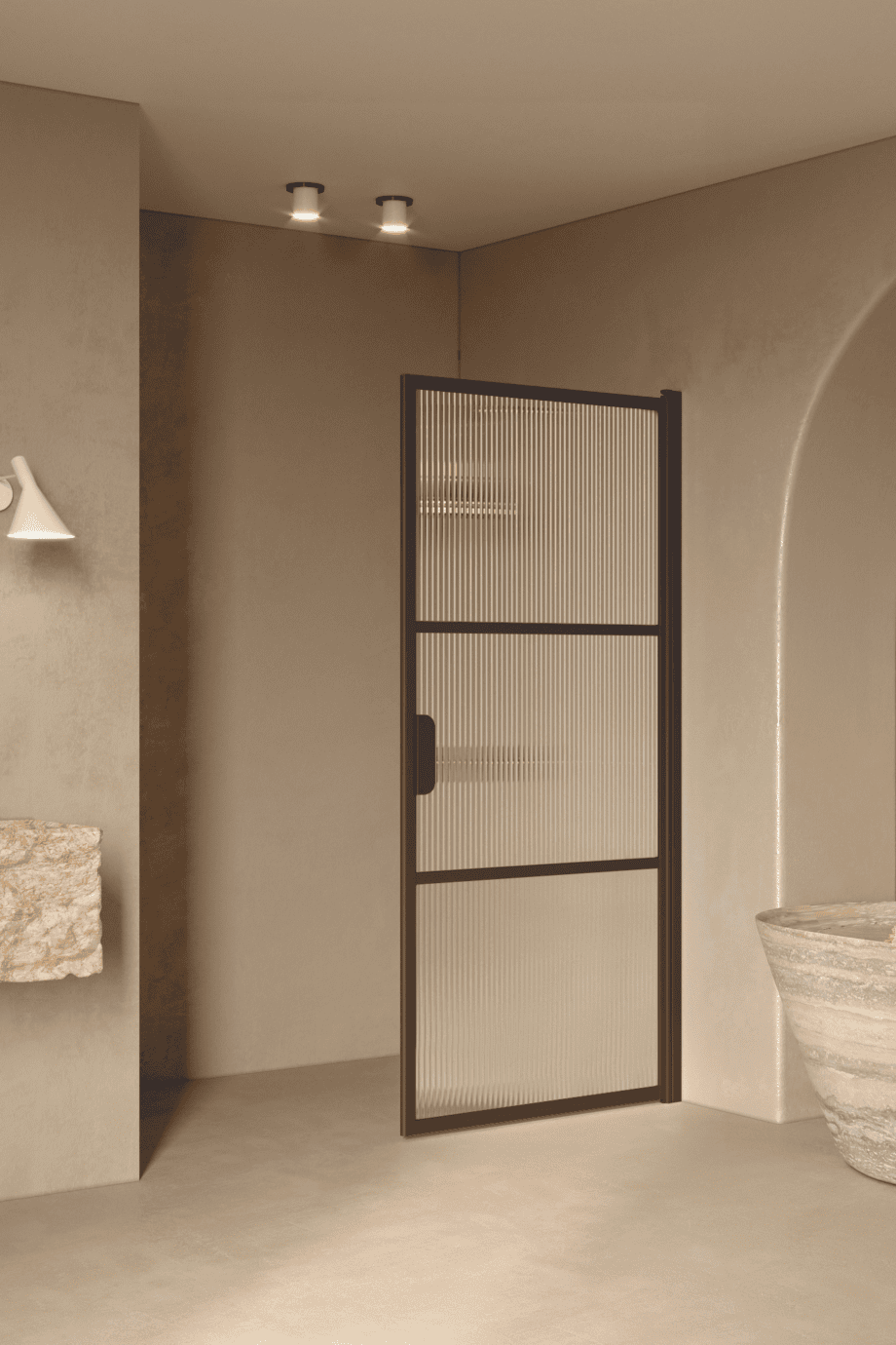 Hinged shower door Hietakari Bläk 735 Tokyo, Cocoa frame, reeded glass Hinged shower door Hietakari Bläk 735 Tokyo, Cocoa frame, reeded glass