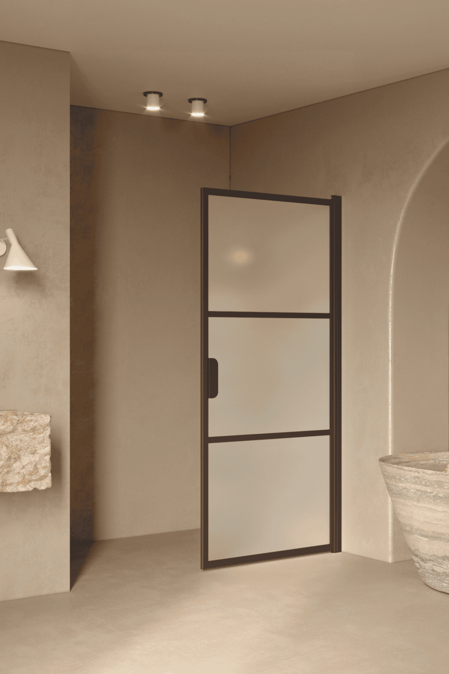 Hinged shower door Hietakari Bläk 735 Tokyo, Cocoa frame, satin frosted glass Hinged shower door Hietakari Bläk 735 Tokyo, Cocoa frame, satin frosted glass