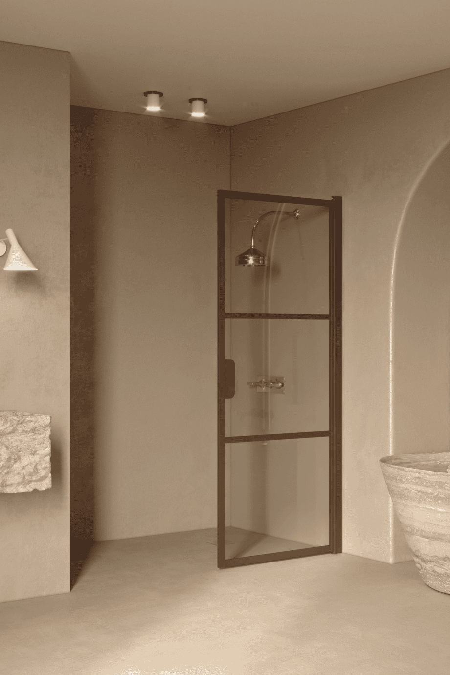 Hinged shower door Hietakari Bläk 735 Tokyo, Mocha frame, grey tinted glass Hinged shower door Hietakari Bläk 735 Tokyo, Mocha frame, grey tinted glass