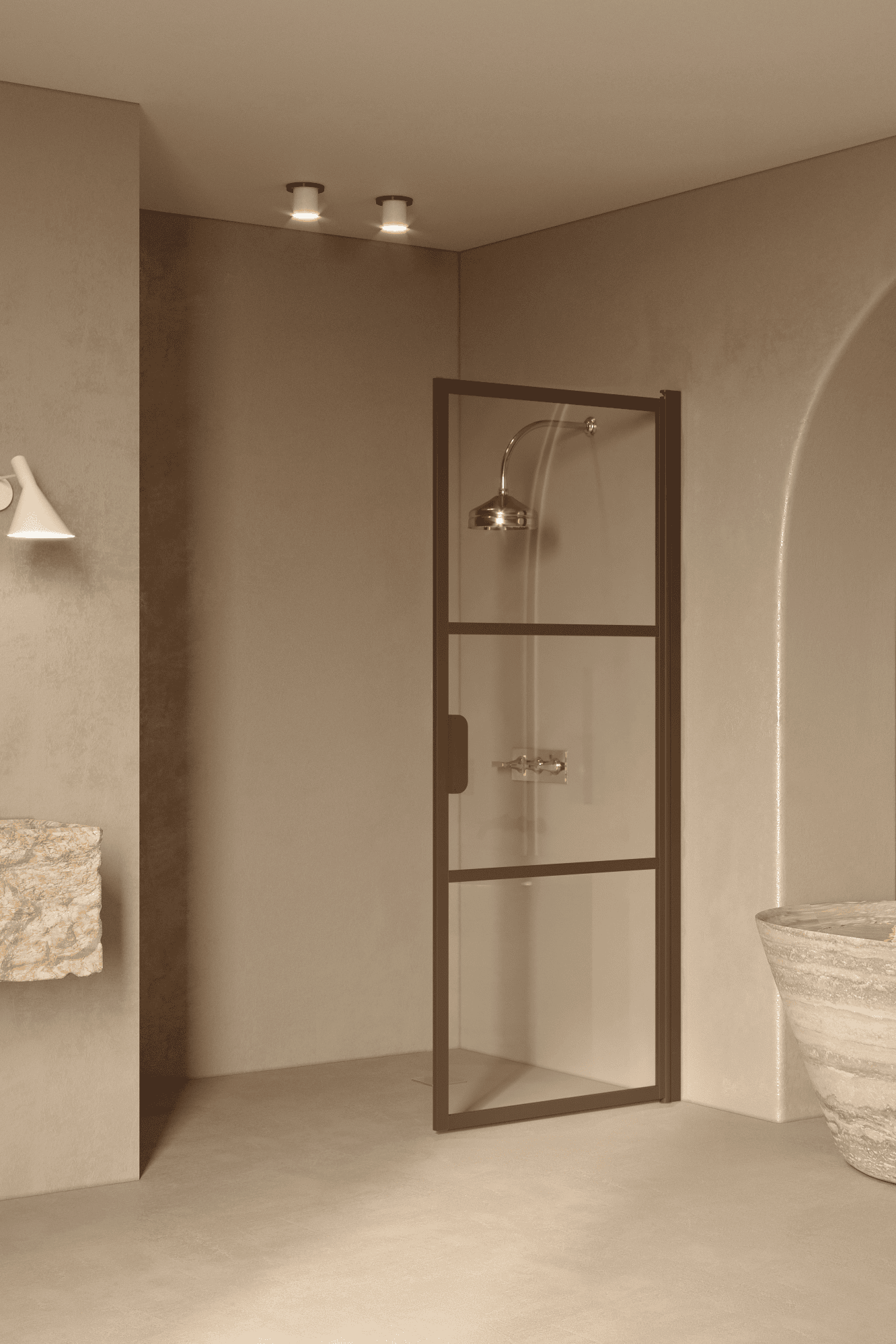 Hinged shower door Hietakari Bläk 735 Tokyo, Mocha frame, clear glass Hinged shower door Hietakari Bläk 735 Tokyo, Mocha frame, clear glass