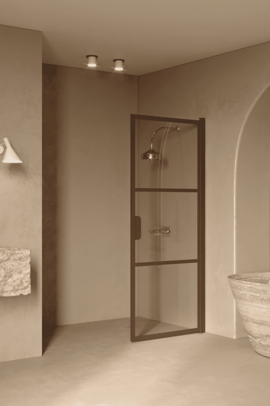 Hinged shower door Hietakari Bläk 735 Tokyo, Mocha frame, bronze tinted glass Hinged shower door Hietakari Bläk 735 Tokyo, Mocha frame, bronze tinted glass