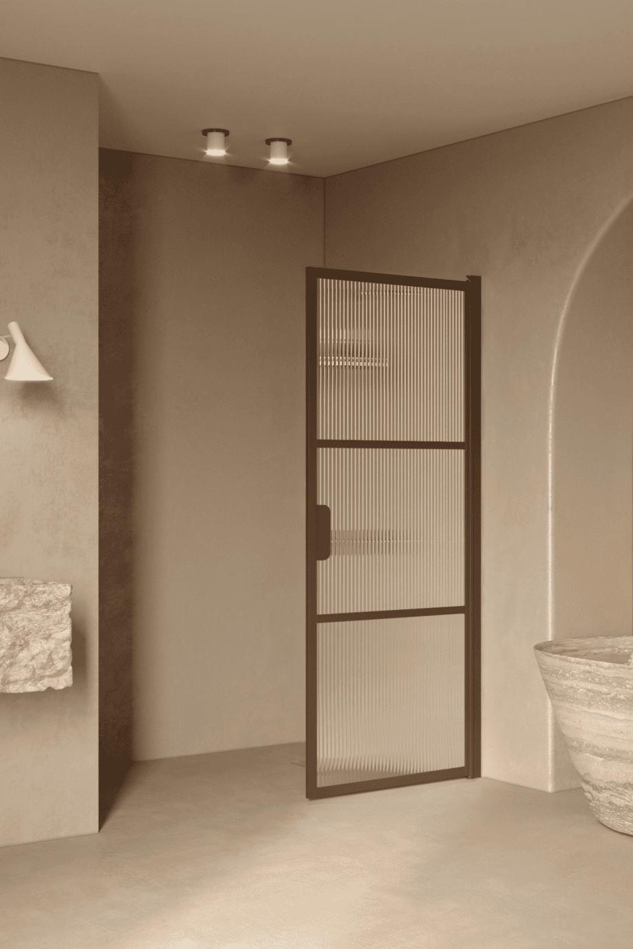 Hinged shower door Hietakari Bläk 735 Tokyo, Mocha frame, reeded glass Hinged shower door Hietakari Bläk 735 Tokyo, Mocha frame, reeded glass