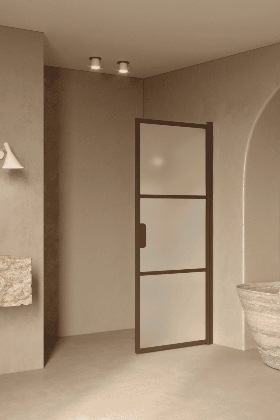 Hinged shower door Hietakari Bläk 735 Tokyo, Mocha frame, satin frosted glass Hinged shower door Hietakari Bläk 735 Tokyo, Mocha frame, satin frosted glass