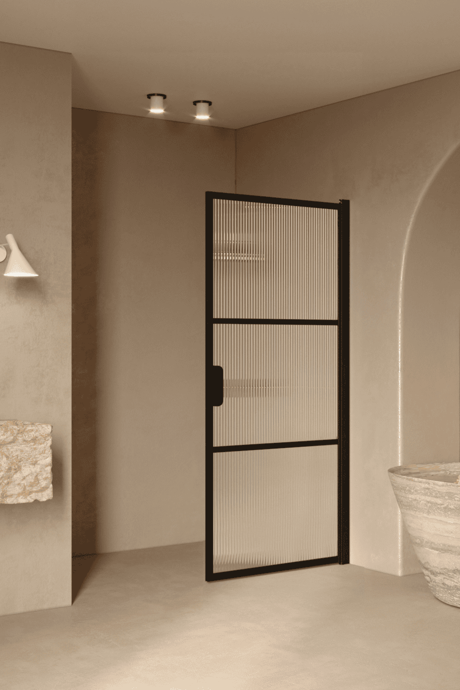 Hinged shower door Hietakari Bläk 735 Tokyo, black frame, reeded glass Hinged shower door Hietakari Bläk 735 Tokyo, black frame, reeded glass